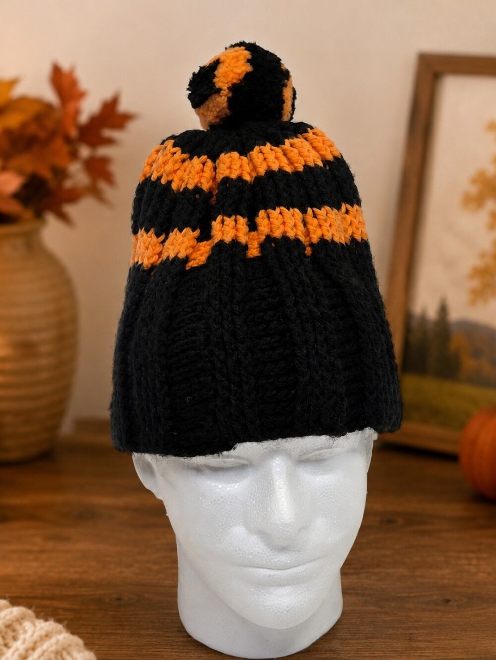 Handmade Orange Black Chunky Knit Pom Pom Beanie Goth Grunge